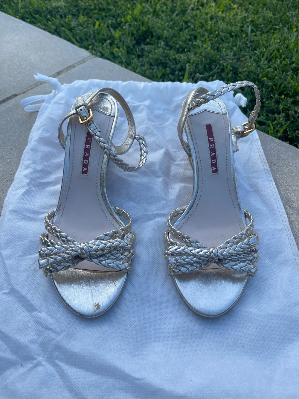 PRADA Gold Braided Cork Wedges